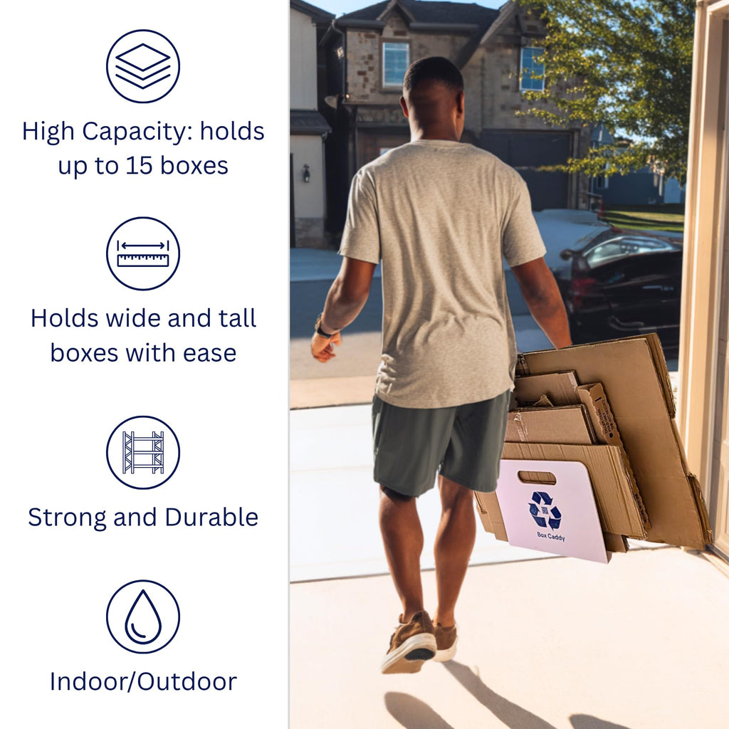 Box Caddy - Cardboard Recycling Organizer (White/Blue). The ultimate solution to store, transport, and recycle your boxes. Eliminates cardboard clutter.