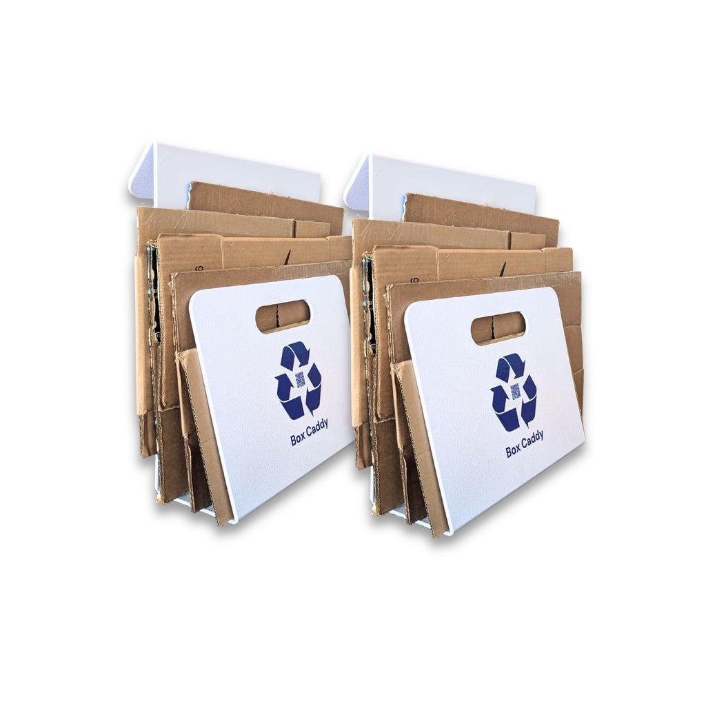 Box Caddy - Cardboard Recycling Organizer (White/Blue). The ultimate solution to store, transport, and recycle your boxes. Eliminates cardboard clutter.