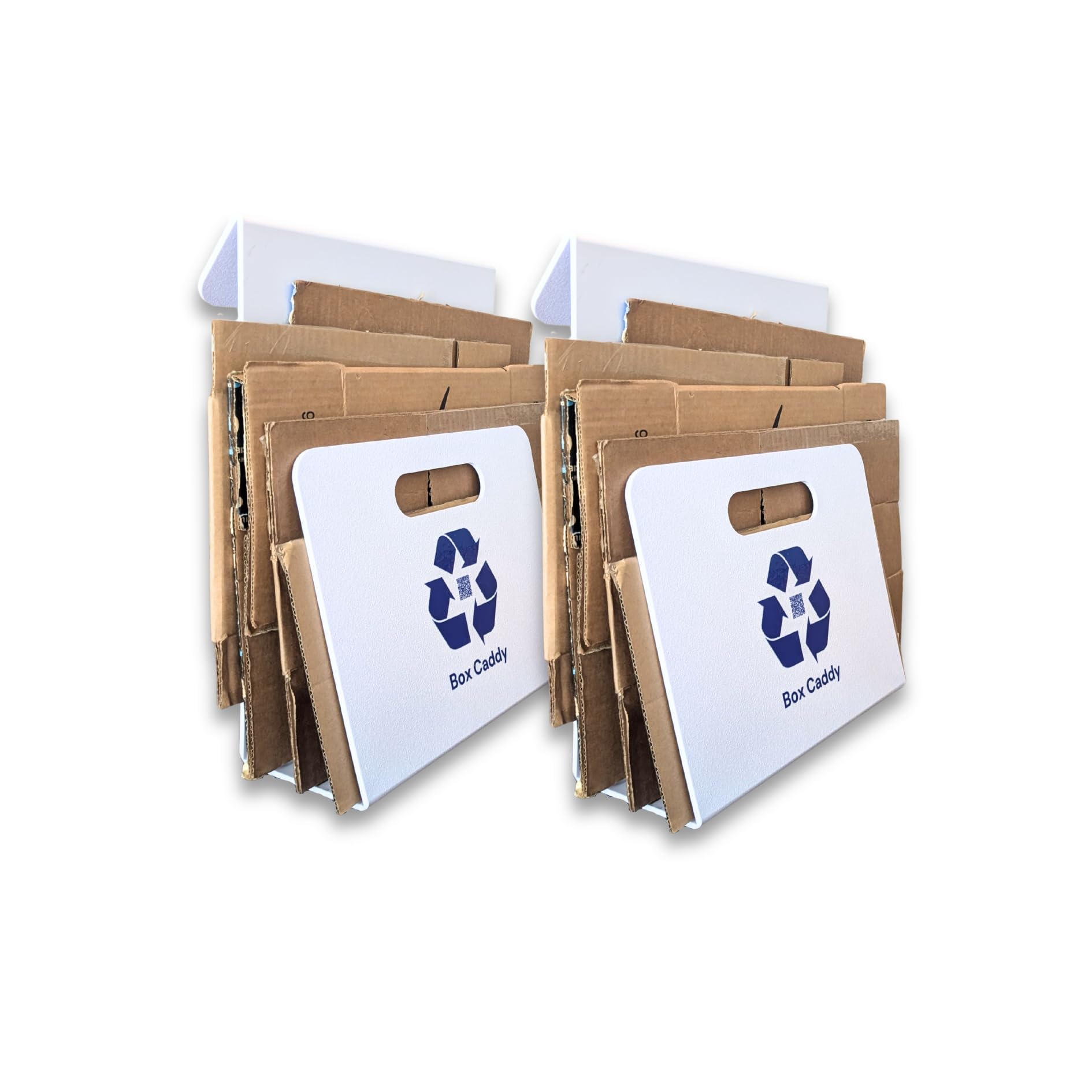 Box Caddy - Cardboard Recycling Organizer (White/Blue). The ultimate solution to store, transport, and recycle your boxes. Eliminates cardboard clutter.