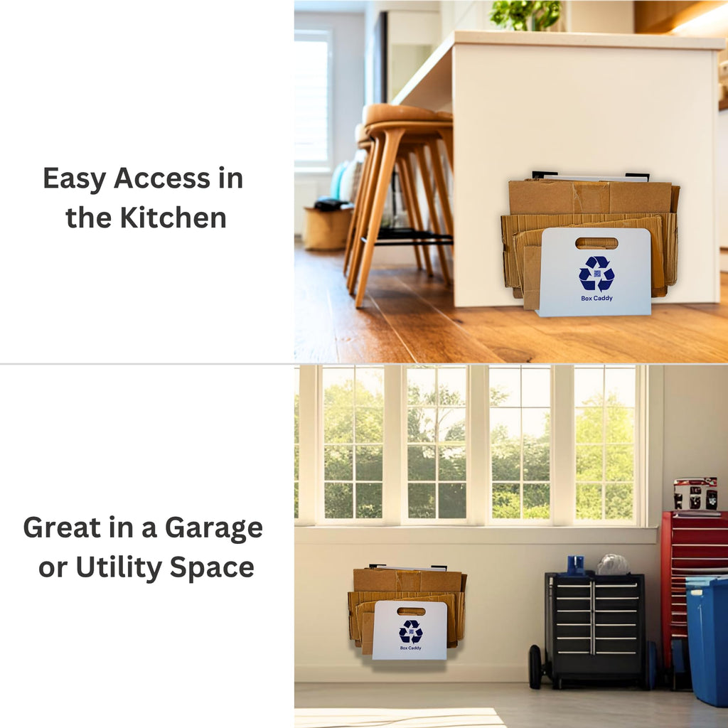 Box Caddy - Cardboard Recycling Organizer (White/Blue). The ultimate solution to store, transport, and recycle your boxes. Eliminates cardboard clutter.
