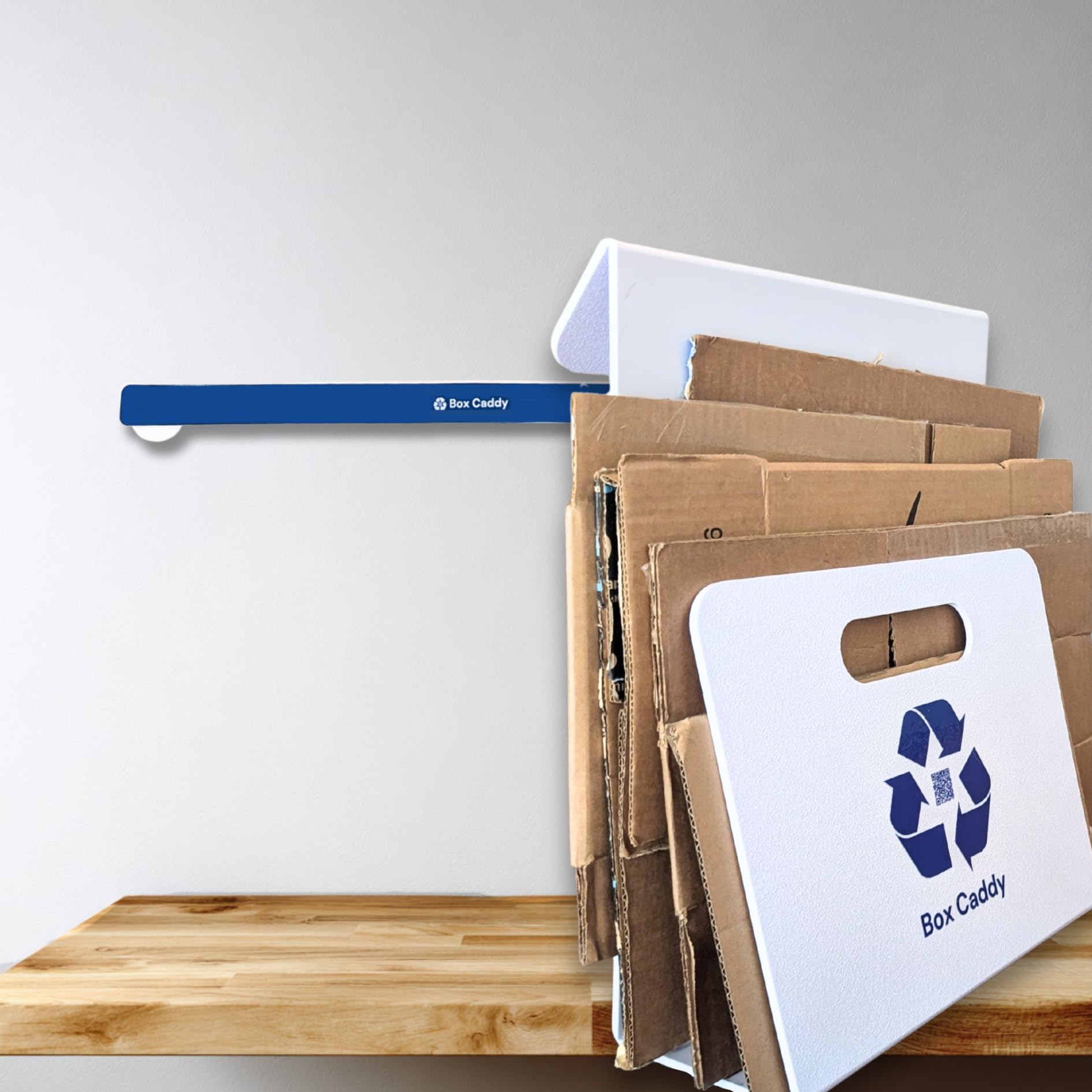 Box Caddy - (White/Blue). The ultimate solution to organize, carry, and recycle your cardboard boxes. Free Shipping.