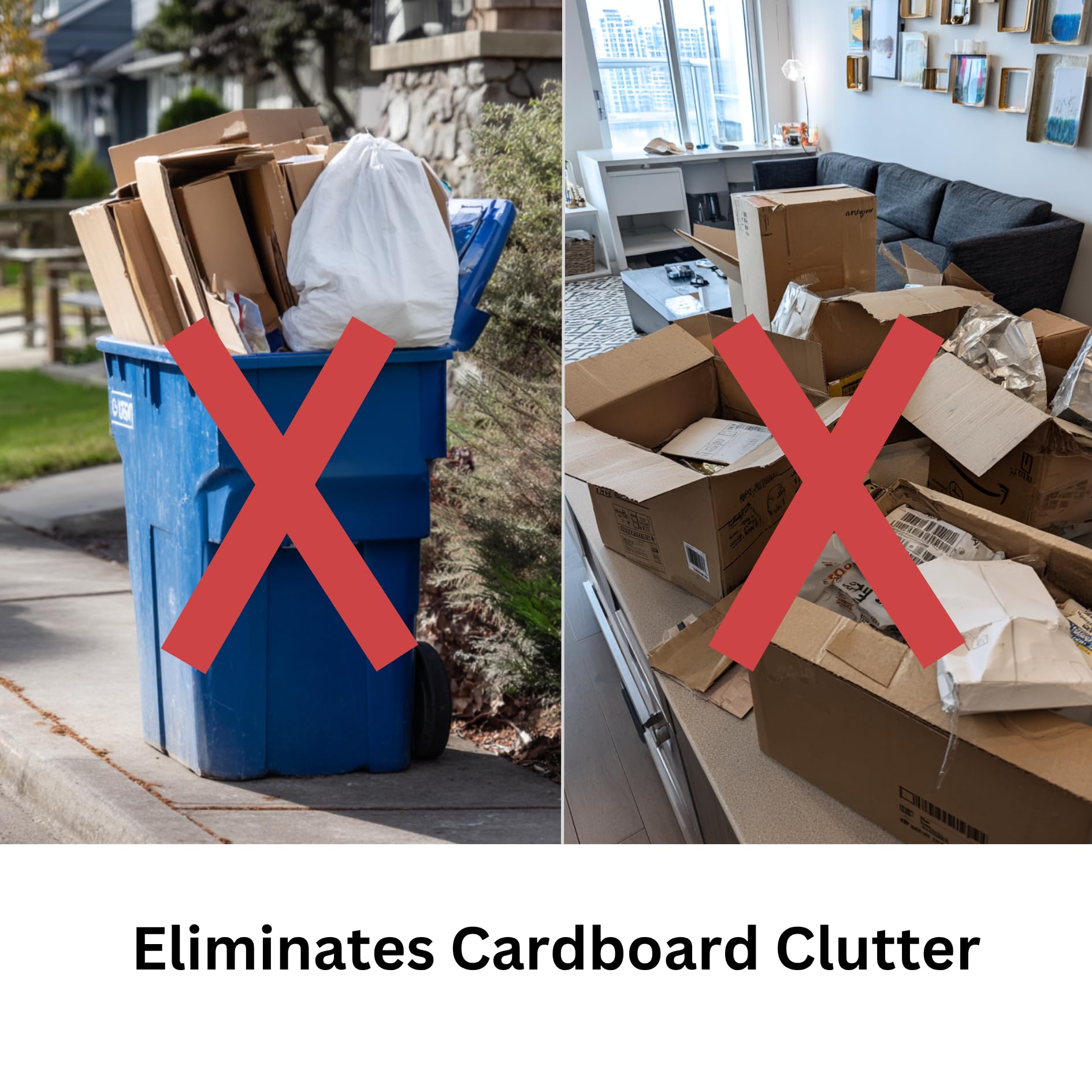 Box Caddy - Cardboard Recycling Organizer (White/Blue). The ultimate solution to store, transport, and recycle your boxes. Eliminates cardboard clutter.