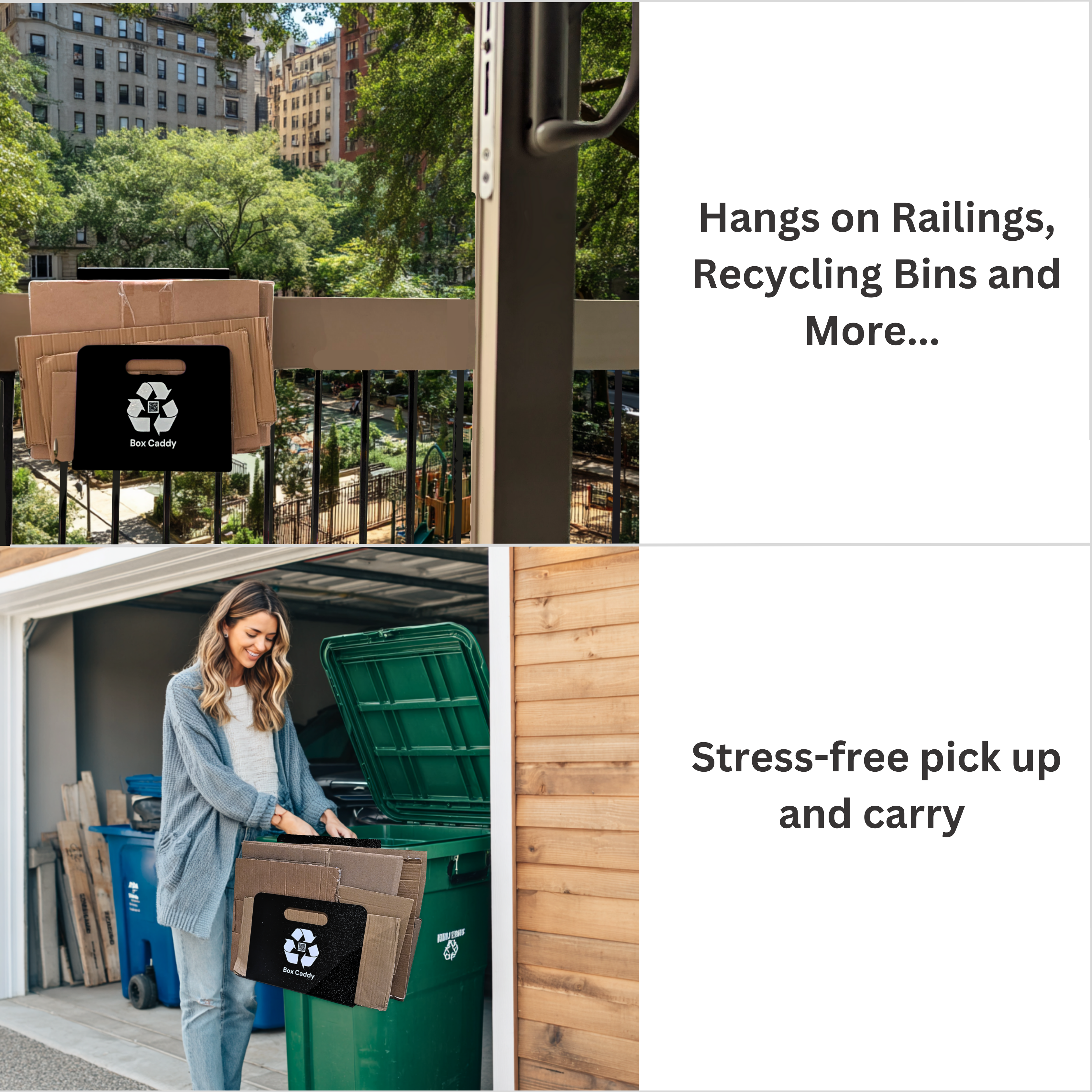 Box Caddy - (Black/White). The ultimate solution to organize, carry, and recycle your cardboard boxes. Free Shipping.