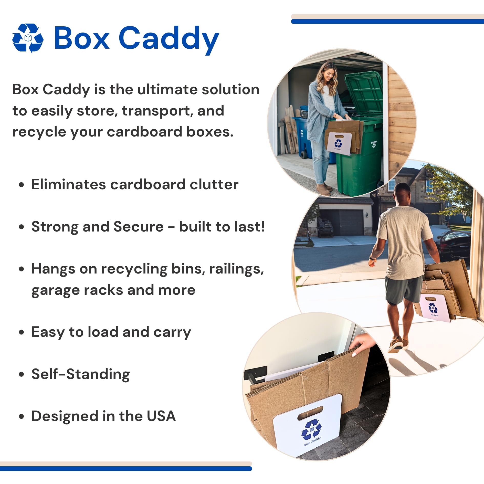 Box Caddy - Cardboard Recycling Organizer (White/Blue). The ultimate solution to store, transport, and recycle your boxes. Eliminates cardboard clutter.