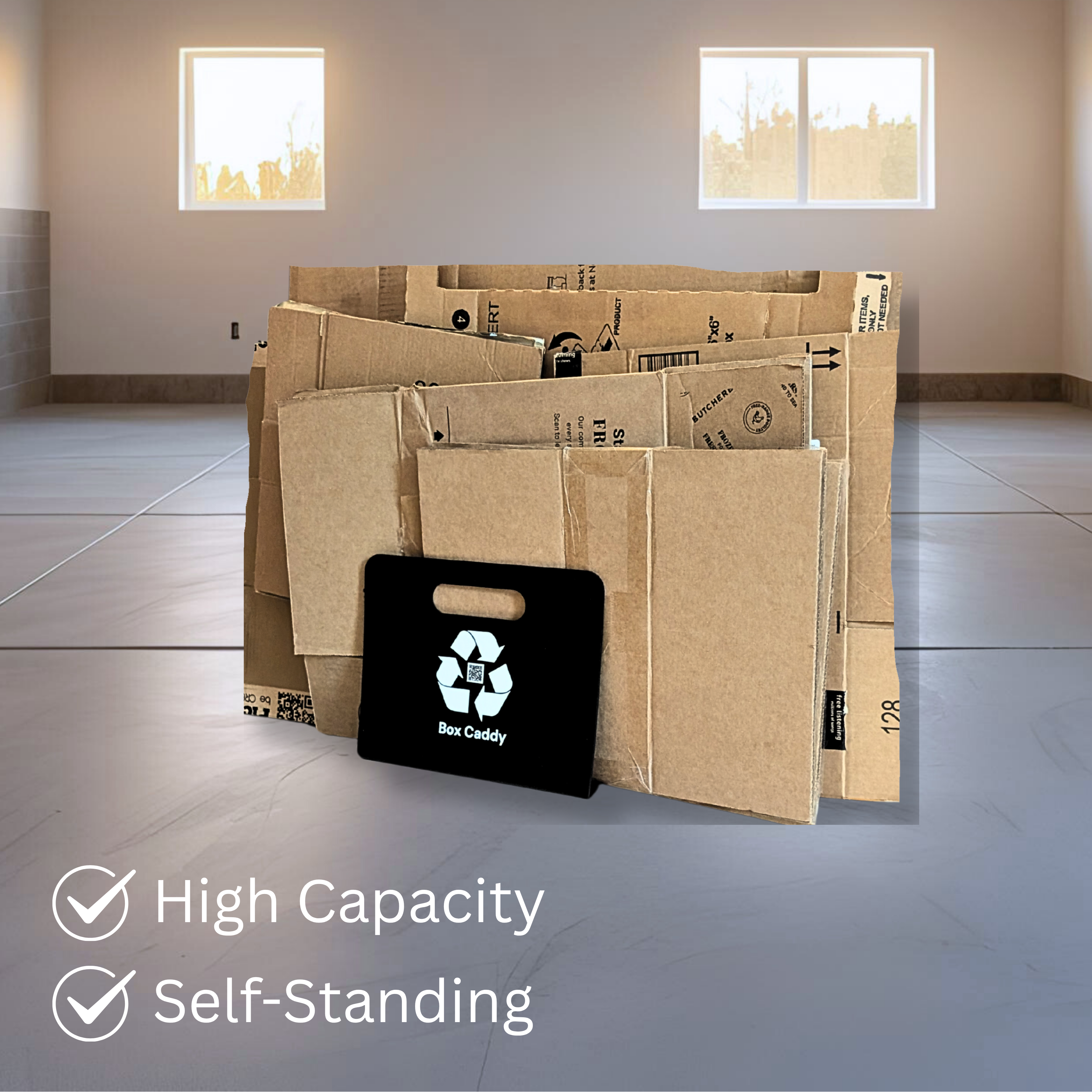 Box Caddy - (Black/White). The ultimate solution to organize, carry, and recycle your cardboard boxes. Free Shipping.