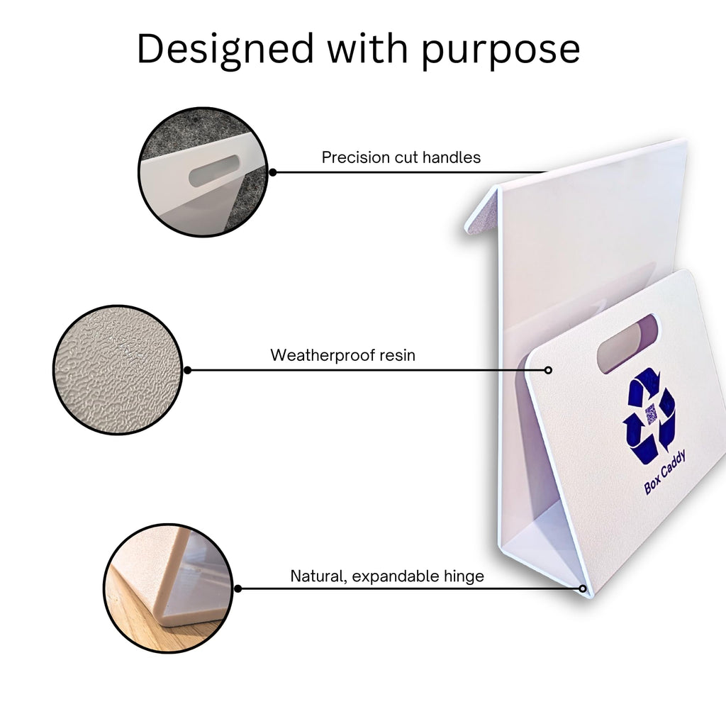 Box Caddy - Cardboard Recycling Organizer (White/Blue). The ultimate solution to store, transport, and recycle your boxes. Eliminates cardboard clutter.