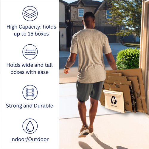 Box Caddy - (White/Blue). The ultimate solution to organize, carry, and recycle your cardboard boxes. Free Shipping.