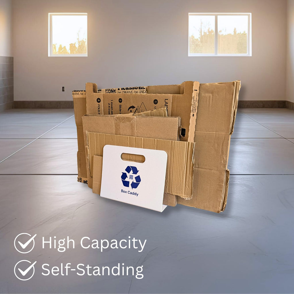 Box Caddy - Cardboard Recycling Organizer (White/Blue). The ultimate solution to store, transport, and recycle your boxes. Eliminates cardboard clutter.