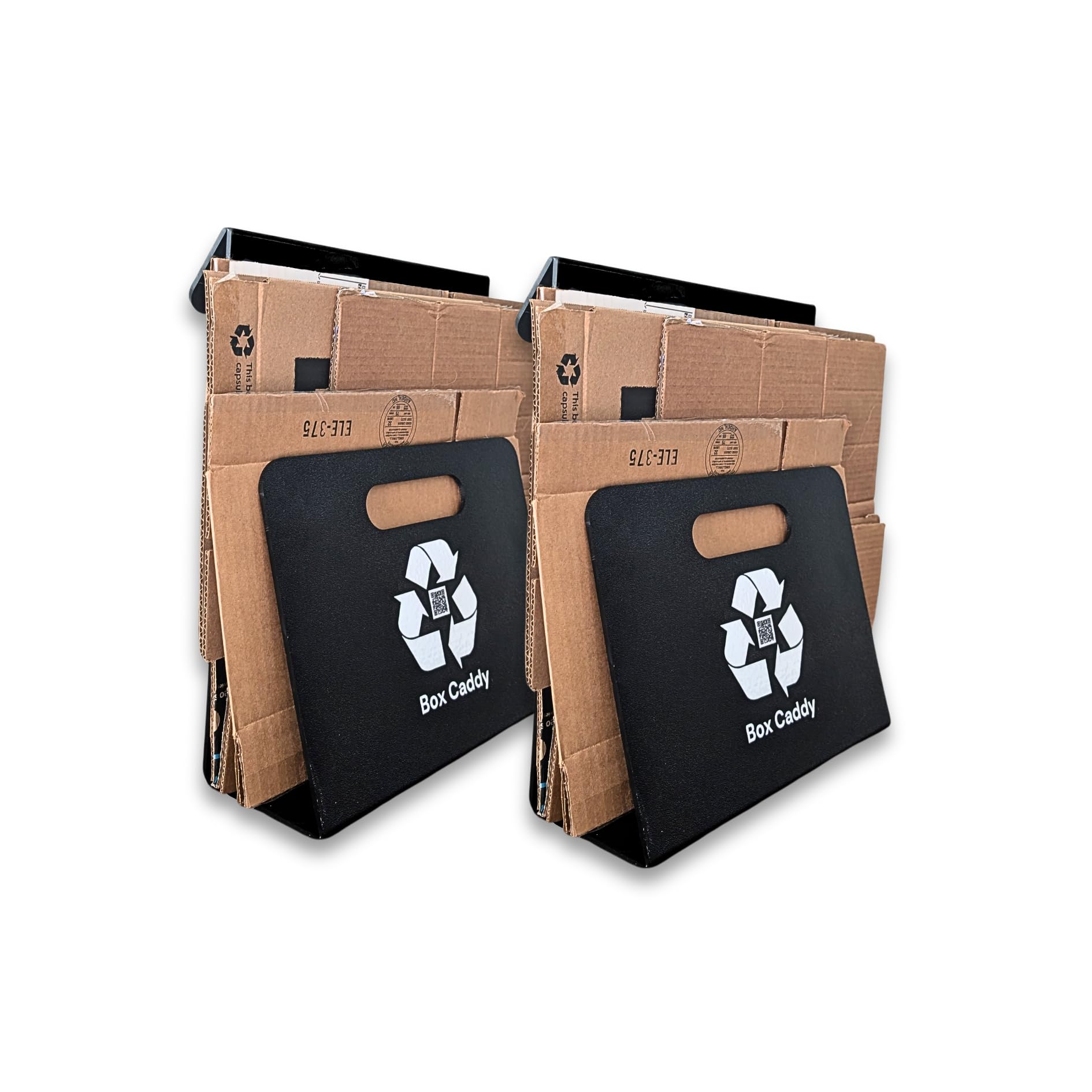 Box Caddy - Cardboard Recycling Organizer (Black/White). The ultimate solution to store, transport, and recycle your boxes. Eliminates cardboard clutter.