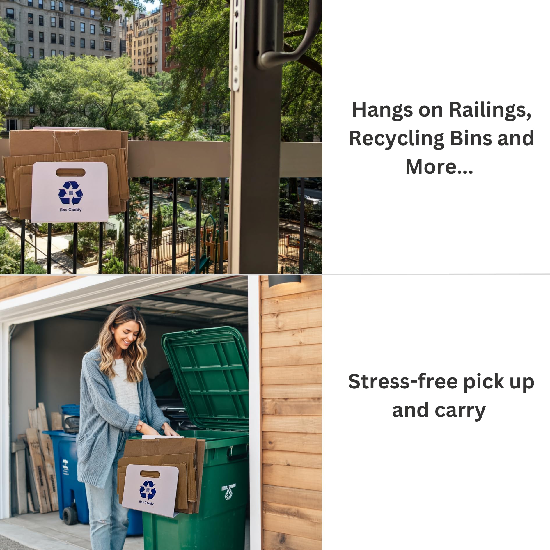 Box Caddy - Cardboard Recycling Organizer (White/Blue). The ultimate solution to store, transport, and recycle your boxes. Eliminates cardboard clutter.
