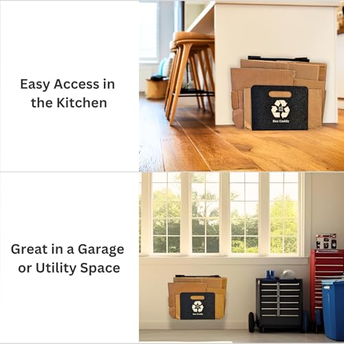 Box Caddy - Cardboard Recycling Organizer (Black/White). The ultimate solution to store, transport, and recycle your boxes. Eliminates cardboard clutter.